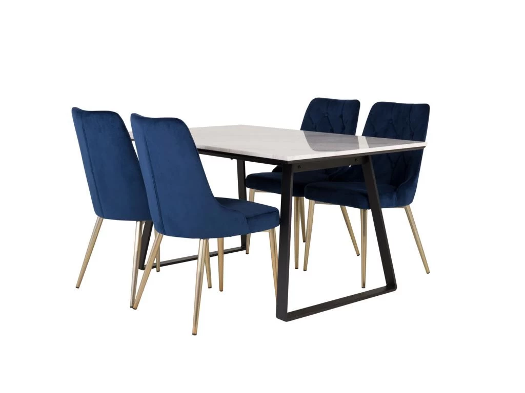 Estelle Ensemble Table, Table Marbre Blanc Et 4 Velvet Deluxe Chaises Velours Bleu, Laiton Décor. 3 Estelle Ensemble Table, Table Marbre Blanc Et 4 Velvet Deluxe Chaises Velours Bleu, Laiton Décor.