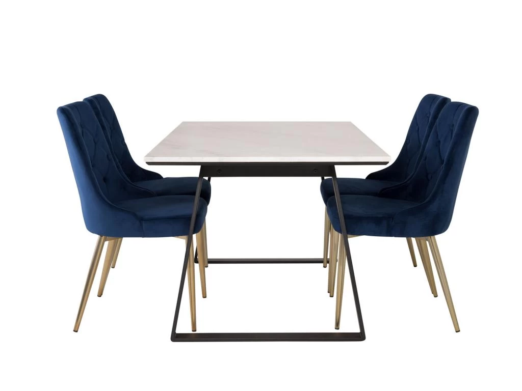 Estelle Ensemble Table, Table Marbre Blanc Et 4 Velvet Deluxe Chaises Velours Bleu, Laiton Décor. 4 Estelle Ensemble Table, Table Marbre Blanc Et 4 Velvet Deluxe Chaises Velours Bleu, Laiton Décor. – Image 2