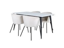 Jimmy150 Ensemble Table, Table Extensible Longueur Cm150 / 240 Blanc Et 4 Berit Chaises Velours Beige.