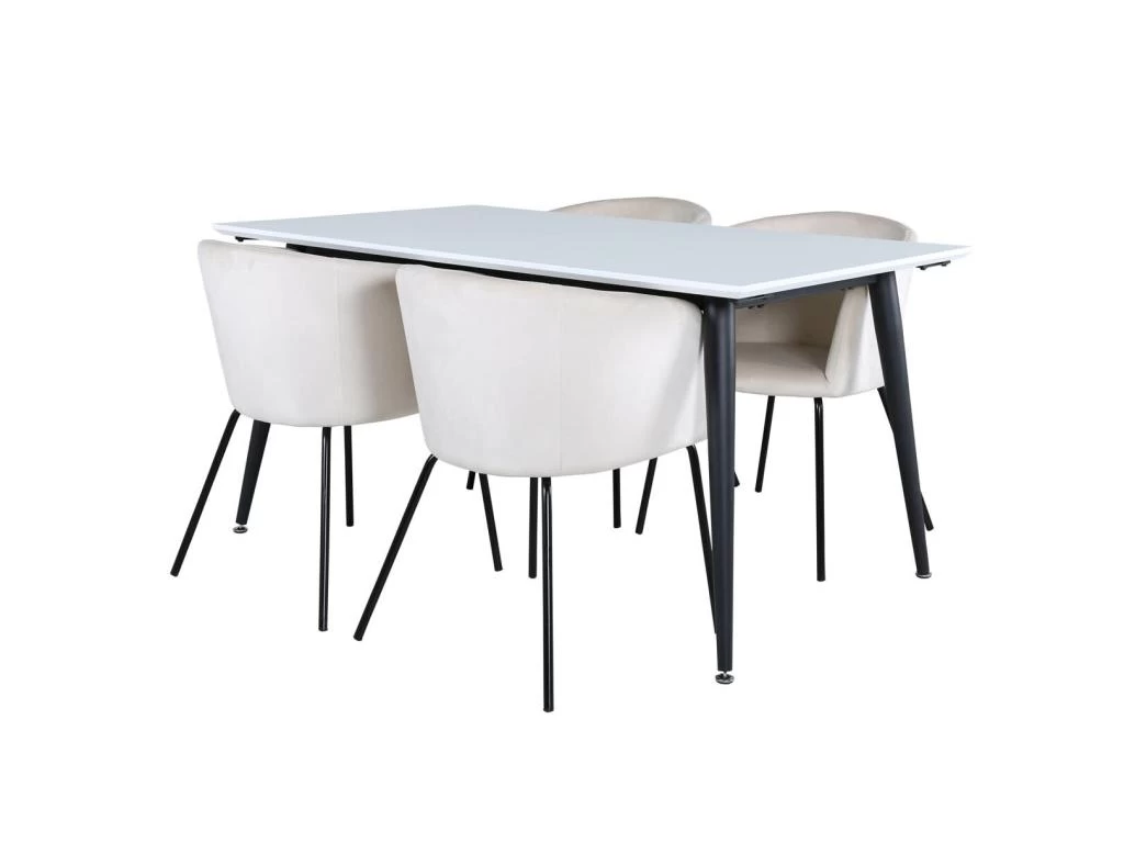 Jimmy150 Ensemble Table, Table Extensible Longueur Cm150 / 240 Blanc Et 4 Berit Chaises Velours Beige. 3 Jimmy150 Ensemble Table, Table Extensible Longueur Cm150 / 240 Blanc Et 4 Berit Chaises Velours Beige.