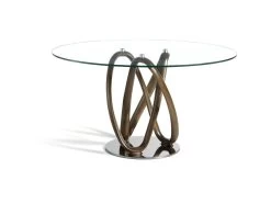 Table De Diner Pietement Courbé Noyer Massif Plateau Verre Trempé Et Piétement Acier