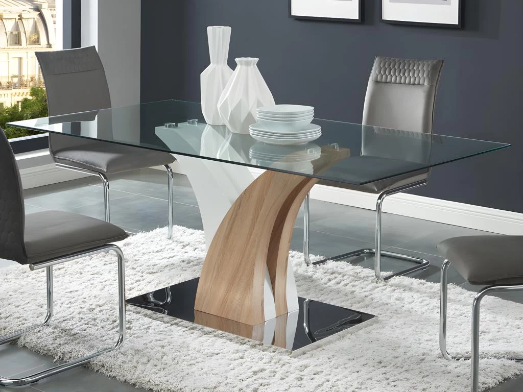 Table à Manger 6 Couverts En Verre Trempé Et MDF - Naturel Et Blanc - BARLATANA 4 Table à Manger 6 Couverts En Verre Trempé Et MDF - Naturel Et Blanc - BARLATANA – Image 2